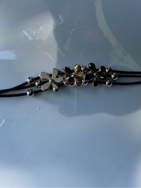 Silver Floral Leather Bracelet - Women's Accessory